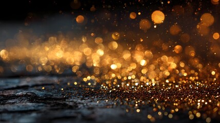 Naklejka premium Golden glitter particles illuminate a textured dark surface with bokeh.