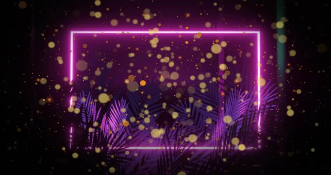 Golden particles drifting as neon pink rectangle after one second fading behind palms creating glow