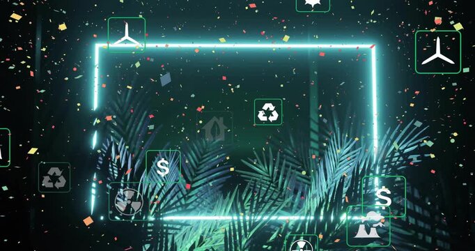 Scene opening with neon frame drawing itself then cycling energy icons amid falling confetti