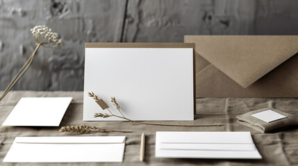 Elegant stationery mockup featuring a blank card, envelope, and dried flower on a rustic linen surface, perfect for wedding invitations or personalized notes