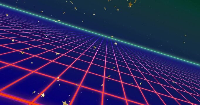 Star sprites appearing over receding neon grid starting camera panning drifting toward viewer trip
