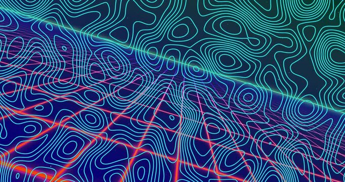 Opening neon contours shifting under force while green band pulsing and red rays weaving loops