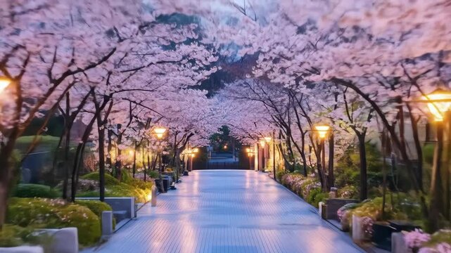 Pathway lined with flowering trees and glowing lanterns at twilight.