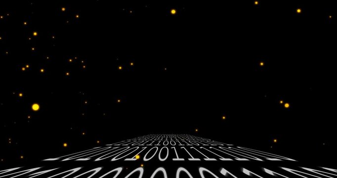 After first frame curved binary plane receding as golden particles rising and fading showing depth