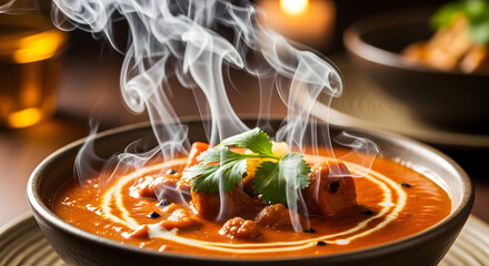 Delicious Steaming Curry Dish with Cream Swirl and Fresh Herbs, Served in a Rustic Bowl with Warm Lighting