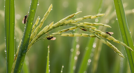 Close-up of dewy green rice grains with small insects in a vibrant paddy field, showing nature's ecosystem and agriculture.