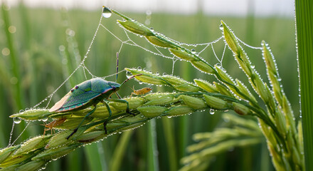 Green Insect on Dewy Rice Stalk with Spiderweb and Water Droplets, Morning in Paddy Field