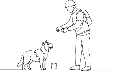 Continuous Line Drawing of a Hiker Feeding a Dog from a Cup, Illustrating Pet Care, Animal Companionship, and Outdoor Journey.