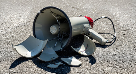 Broken Megaphone on Pavement, Symbolizing Silenced Voice, Communication Failure, or End of Protest