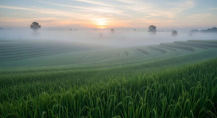 Misty Morning over Lush Green Rice Terraces at Sunrise, Verdant Paddy Fields Covered in Fog with Golden Hour Sun