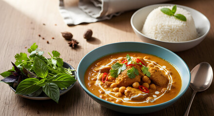 Delicious Chicken and Chickpea Curry with White Rice. Asian-inspired meal garnished with fresh herbs and spices on a wooden table.