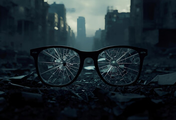 破壊された町と眼鏡