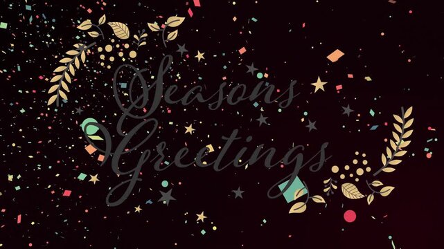 Gradient shifting revealing confetti swirling gold foliage fading Seasons Greetings settling
