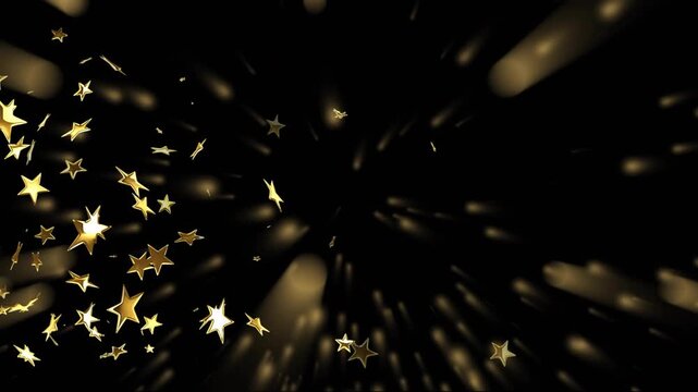 Golden star group emerging from left, racing inward then drifting and fading creating cosmic scene