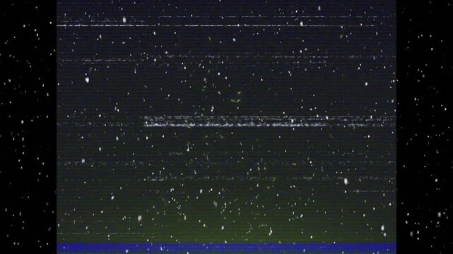 Opening dark screen with drifting specks flickering glitch lines shifting bands creating VHS glitch