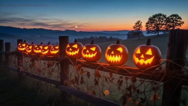 A row of illuminated jackolanterns on a fence at dusk with hills and trees in the background