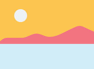 A minimalist landscape collection featuring abstract mountain and sunset scenes in flat color style. The artwork uses geometric shapes, simple compositions, and vibrant color palettes to create modern