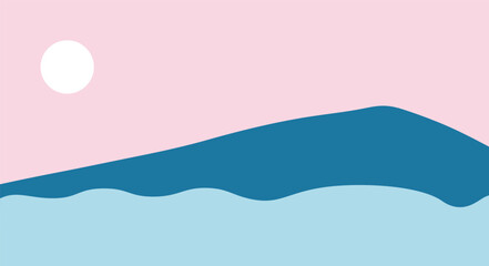 A minimalist landscape collection featuring abstract mountain and sunset scenes in flat color style. The artwork uses geometric shapes, simple compositions, and vibrant color palettes to create modern