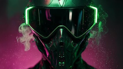 Futuristic helmet with glowing green & pink details, abstract background - Powered by Adobe