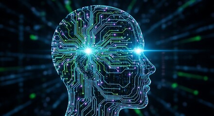 Circuit board head profile with glowing eyes on a dark background