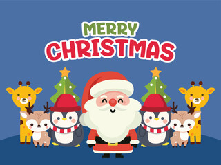 Merry Christmas greetings with cute pictures of Santa Claus, Christmas tree and reindeer