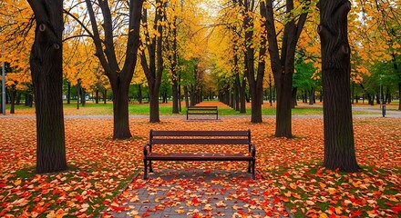 Benches in park with autumn leaves on ground and trees in rows