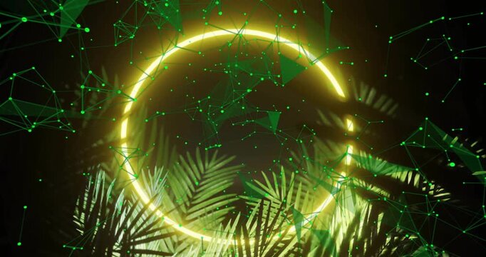 Drifting green node cloud initiating mesh forming around glowing golden ring for network reveal
