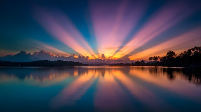 Majestic sunset radiates color across tranquil water reflecting dramatic sky.