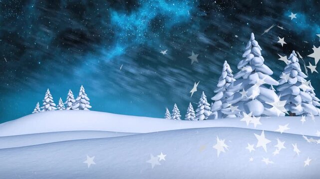 Star-shaped particles drifting from right over snow hills and sparkling on pine trees evoking magic