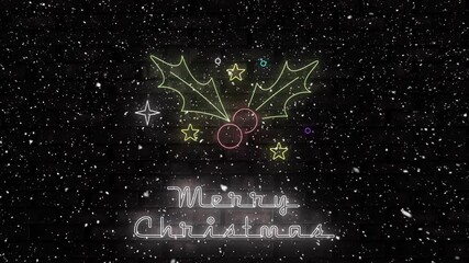 Snowfall starting over black, neon holly emblem glowing with Merry Christmas text welcoming season - Powered by Adobe