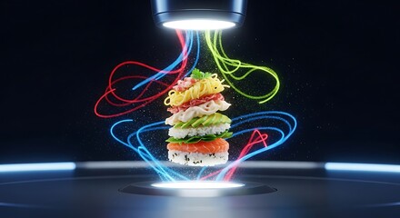 A layered food stack illuminated with colorful light trails