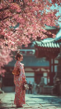 A Serene Moment: Japanese Woman in Kimono Under a Canopy of Blooming Cherry Blossoms