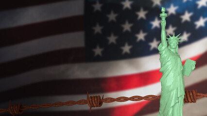 The Statue of Liberty on USA flag Background image 3d Rendering