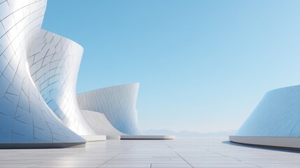 Modern Abstract Architecture with Curved Surfaces and Clear Blue Sky in Minimalist Style