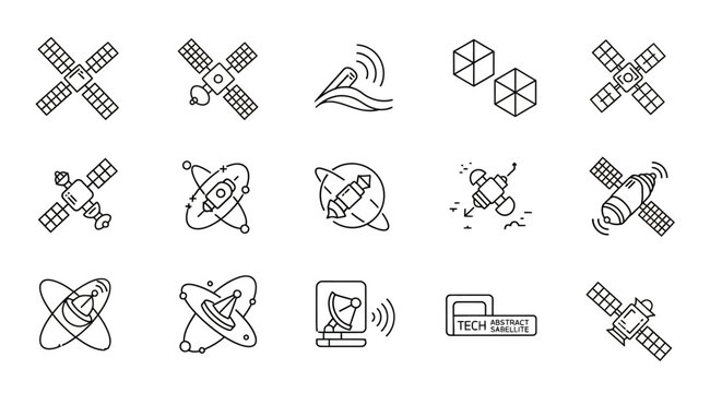 A collection of fifteen line art illustrations depicting various satellite designs, signal transmission, and technological concepts on a white background.