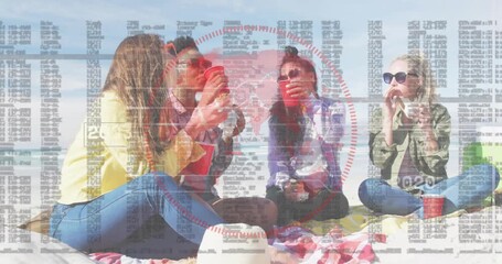 Four women eating sandwiches, sipping red cups on beach, red scanning circle pulsing, glitch fading