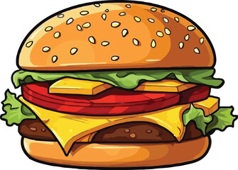 Classic Cheeseburger Fast Food Cartoon Illustration
