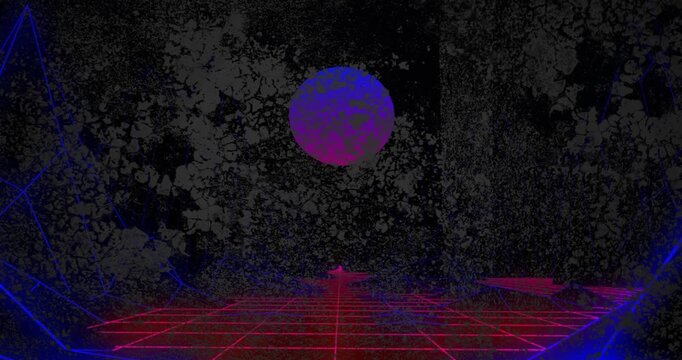 Void opening initiating sphere drifting, wireframe hills emerging, grid intensifying retro mood