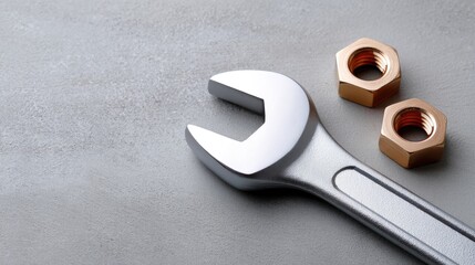 High-quality metal wrench with two brass nuts on a textured gray background perfect for tool or hardware themed projects