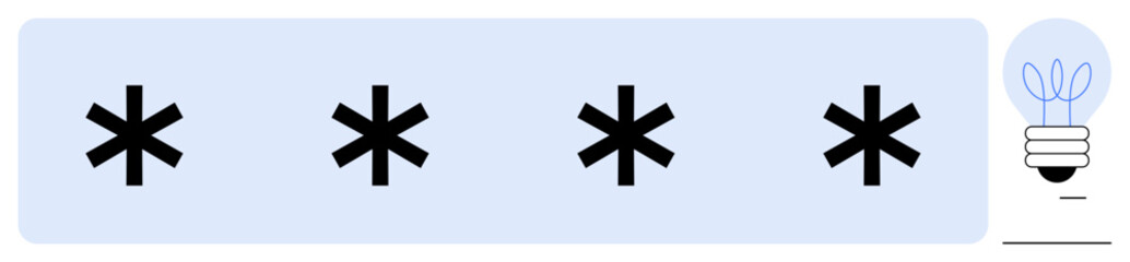 Four black asterisks in a row on a light blue background with a glowing light bulb at the edge. Ideal for creativity, innovation, uniqueness, brainstorming, problem-solving, ideas, design thinking. A