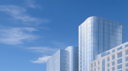 Obraz premium Modern Glass Skyscrapers Against Clear Blue Sky with Soft Clouds and Urban City Vibe