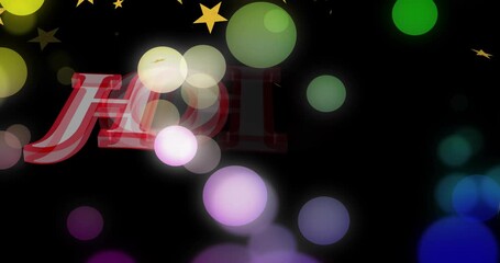 Sliding 3D red-white HOHOHO block from left, pastel circles drifting stars cascading, marking joy - Powered by Adobe