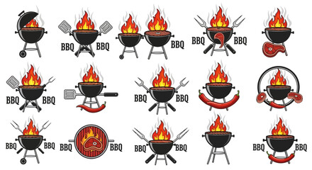 A collection of fifteen BBQ grill icons, each featuring a charcoal grill with flames, some with utensils, meat, and the letters BBQ.