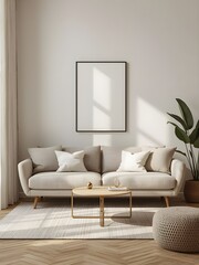 minimalist living room interior with elegant sofa, empty frame mockup, wall decor and cozy modern design in neutral tones, scandinavian style home decor, 3d render