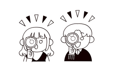 虫眼鏡で発見する男女2人のイラスト