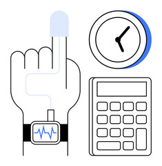 Finger with biometric scanner connected to smartwatch, calculator, and clock with hands for time tracking and analytics. Ideal for tech, health, efficiency, productivity, time, data simple flat