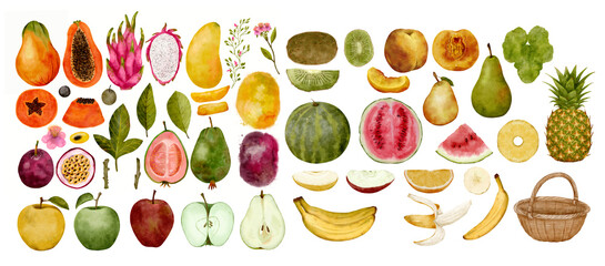 A Beautiful and Colorful Assortment of Fresh Fruits and Vegetables Captured in a Watercolor Style for Art and Design