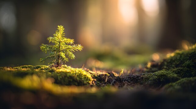Young evergreen sapling grows in sunlit forest moss.
