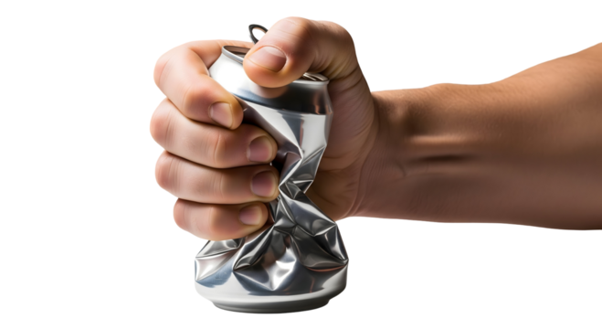 A hand crushing a soda can, emphasizing environmental awareness and waste reduction, isolated on transparent background