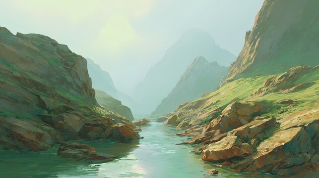 A serene mountain valley with a river flowing through rocky terrain.